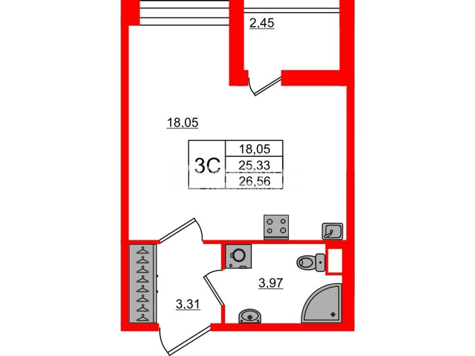 Планировка студия 25,3 м² в жилом комплексе «Астра Континенталь» — Жилой комплекс «Астра Континенталь»