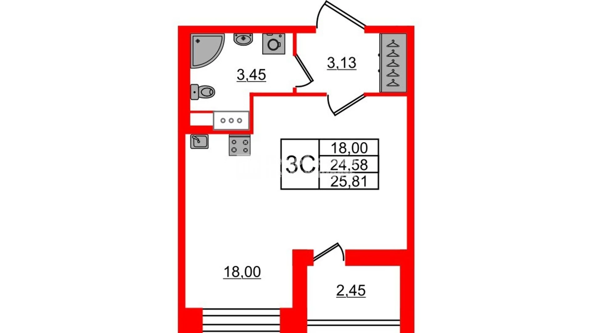 Планировка студия 24,6 м² в жилом комплексе «Астра Континенталь» — Жилой комплекс «Астра Континенталь»