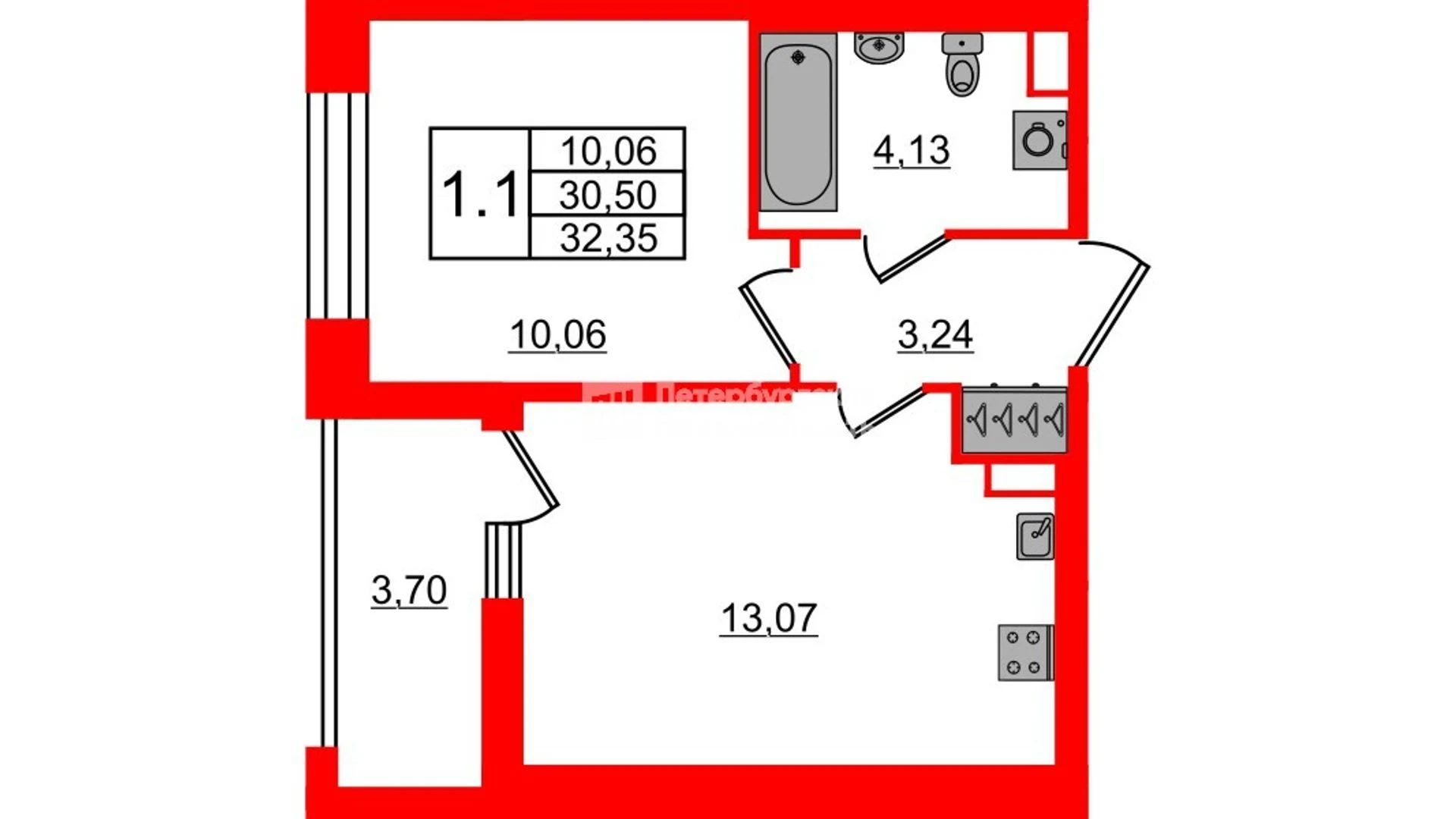 Планировка 2-комнатная 30,5 м² в жилом комплексе «Астра Континенталь» — Жилой комплекс «Астра Континенталь»