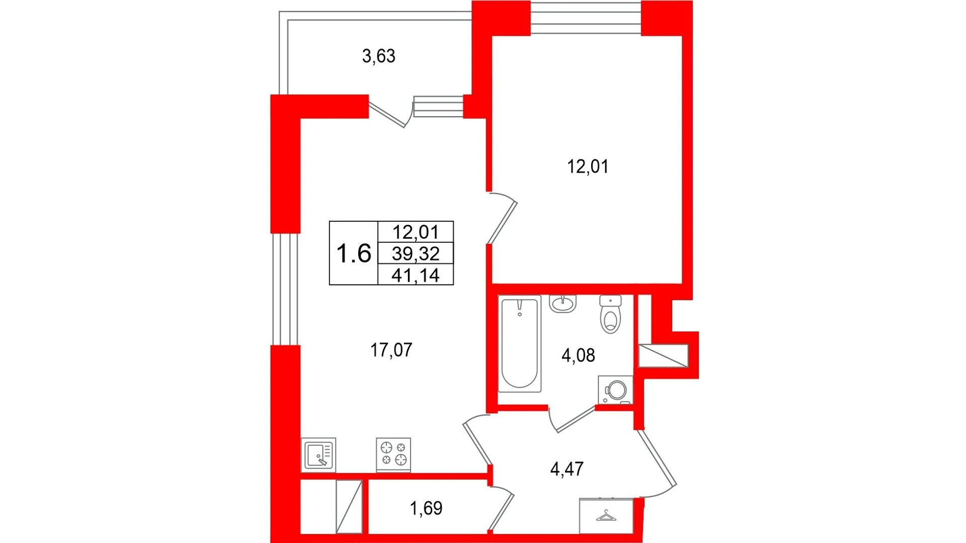 Планировка 2-комнатная 39,3 м² в жилом комплексе «Астра Континенталь» — Жилой комплекс «Астра Континенталь»