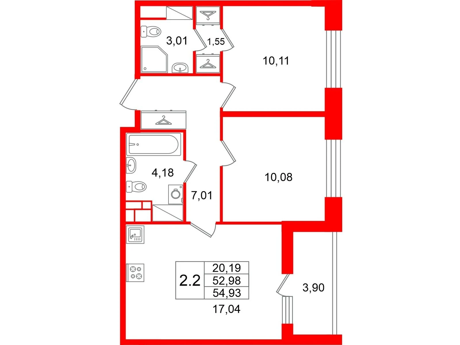 Планировка 3-комнатная 53 м² в жилом комплексе «Астра Континенталь» — Жилой комплекс «Астра Континенталь»
