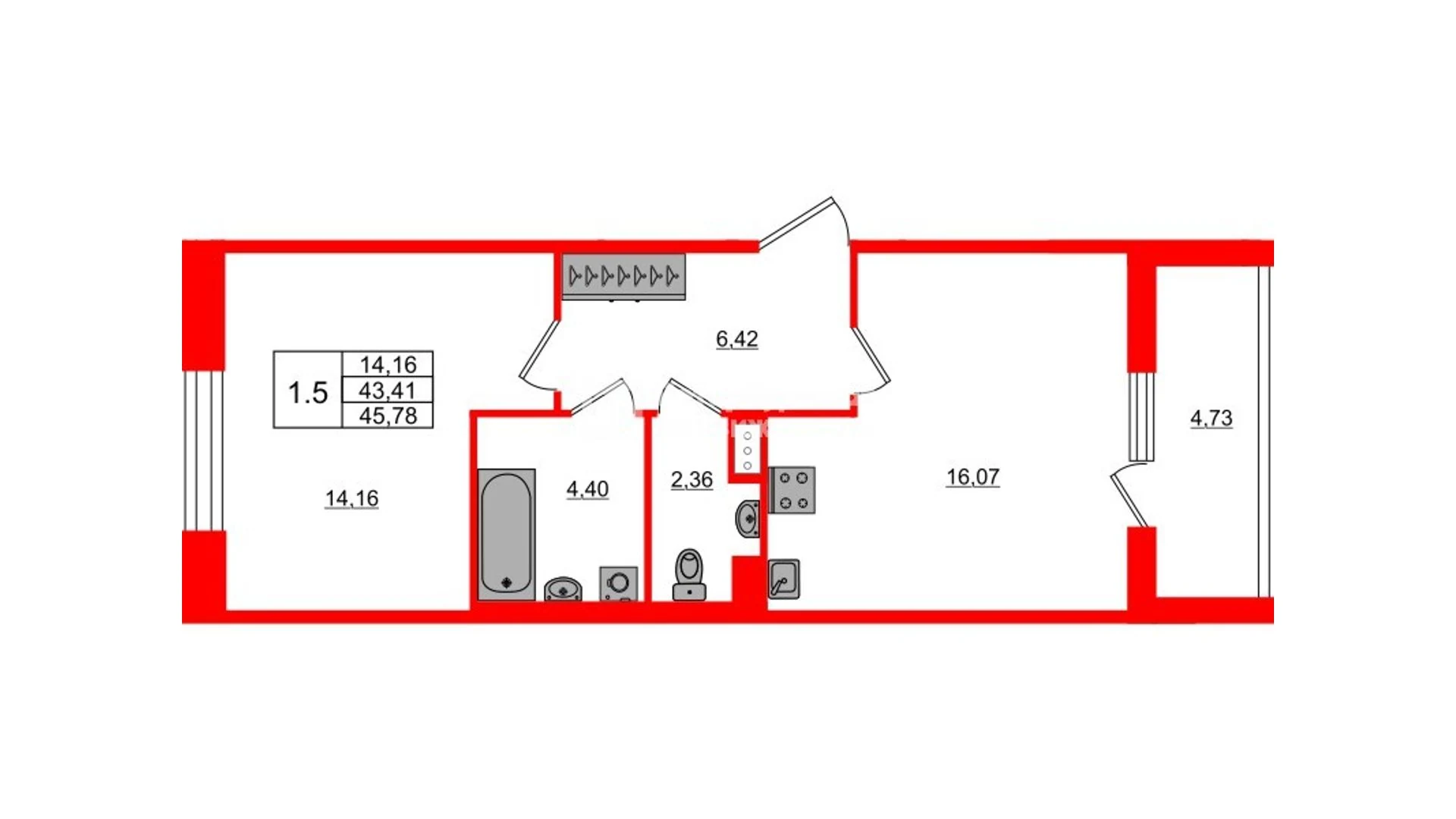 Планировка 2-комнатная 43,4 м² в жилом комплексе «Астра Континенталь» — Жилой комплекс «Астра Континенталь»