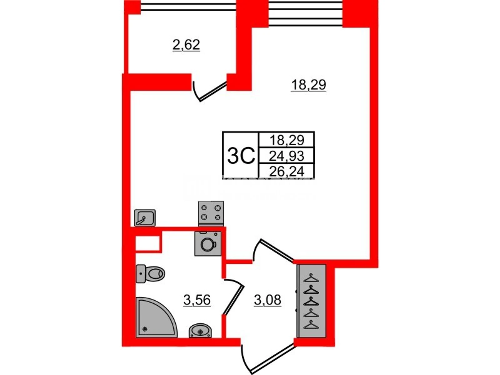 Планировка студия 24,9 м² в жилом комплексе «Астра Континенталь» — Жилой комплекс «Астра Континенталь»