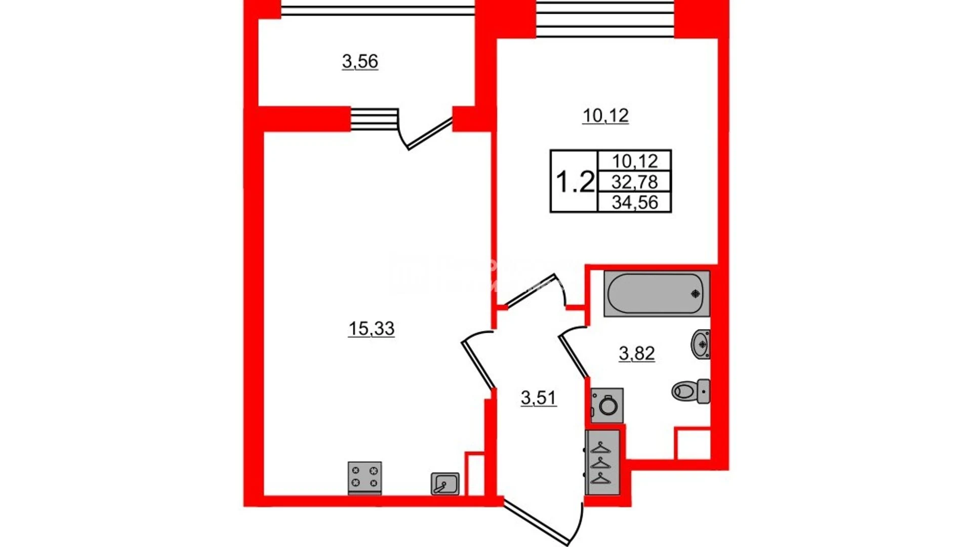 Планировка 2-комнатная 32,8 м² в жилом комплексе «Астра Континенталь» — Жилой комплекс «Астра Континенталь»