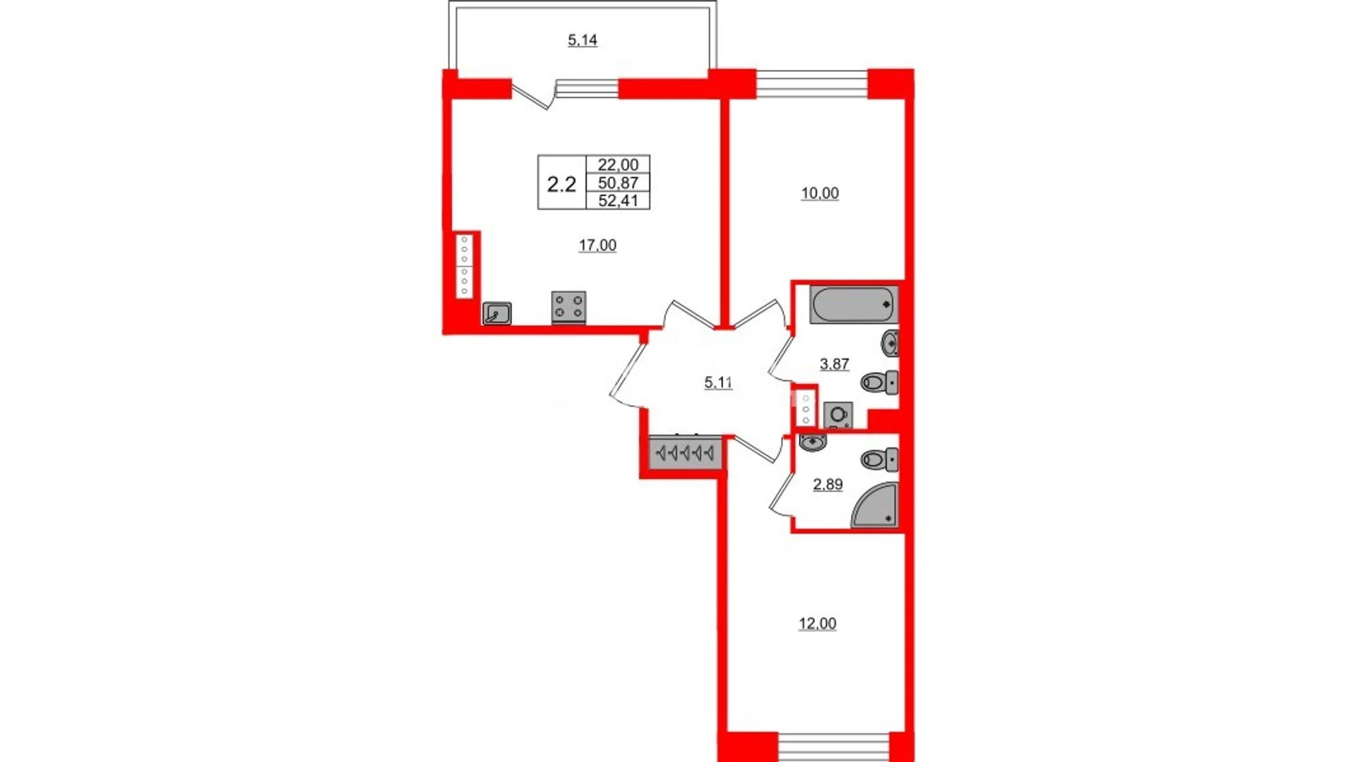 Планировка 3-комнатная 50,9 м² в жилом комплексе «Астра Континенталь» — Жилой комплекс «Астра Континенталь»