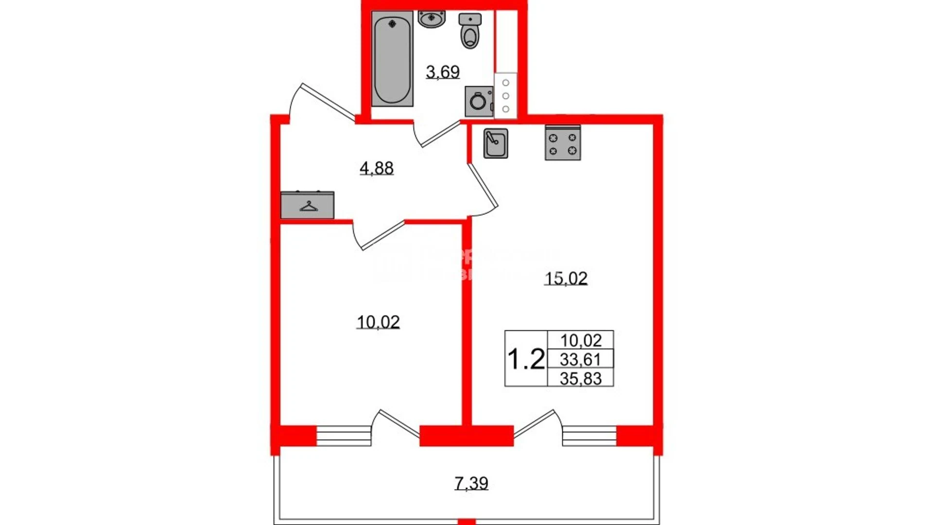 Планировка 2-комнатная 33,6 м² в жилом комплексе «Астра Континенталь» — Жилой комплекс «Астра Континенталь»