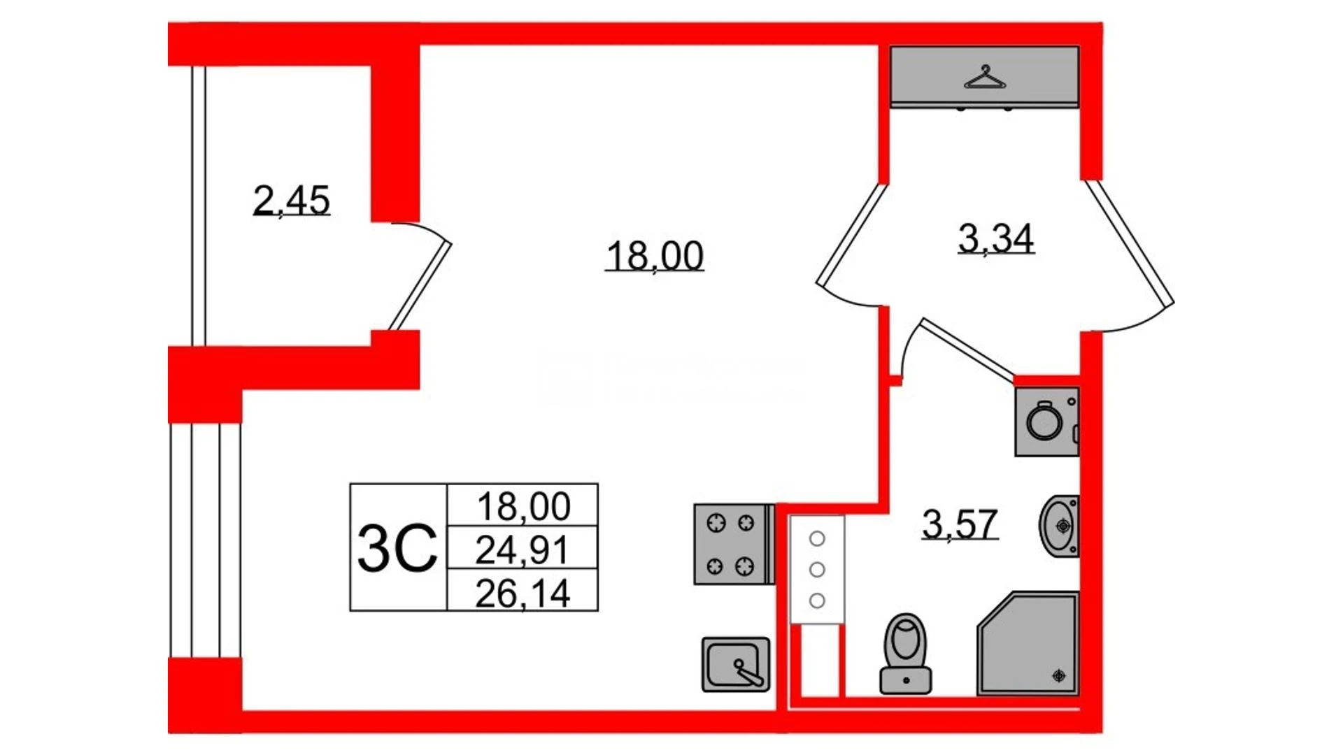 Планировка студия 24,9 м² в жилом комплексе «Астра Континенталь» — Жилой комплекс «Астра Континенталь»