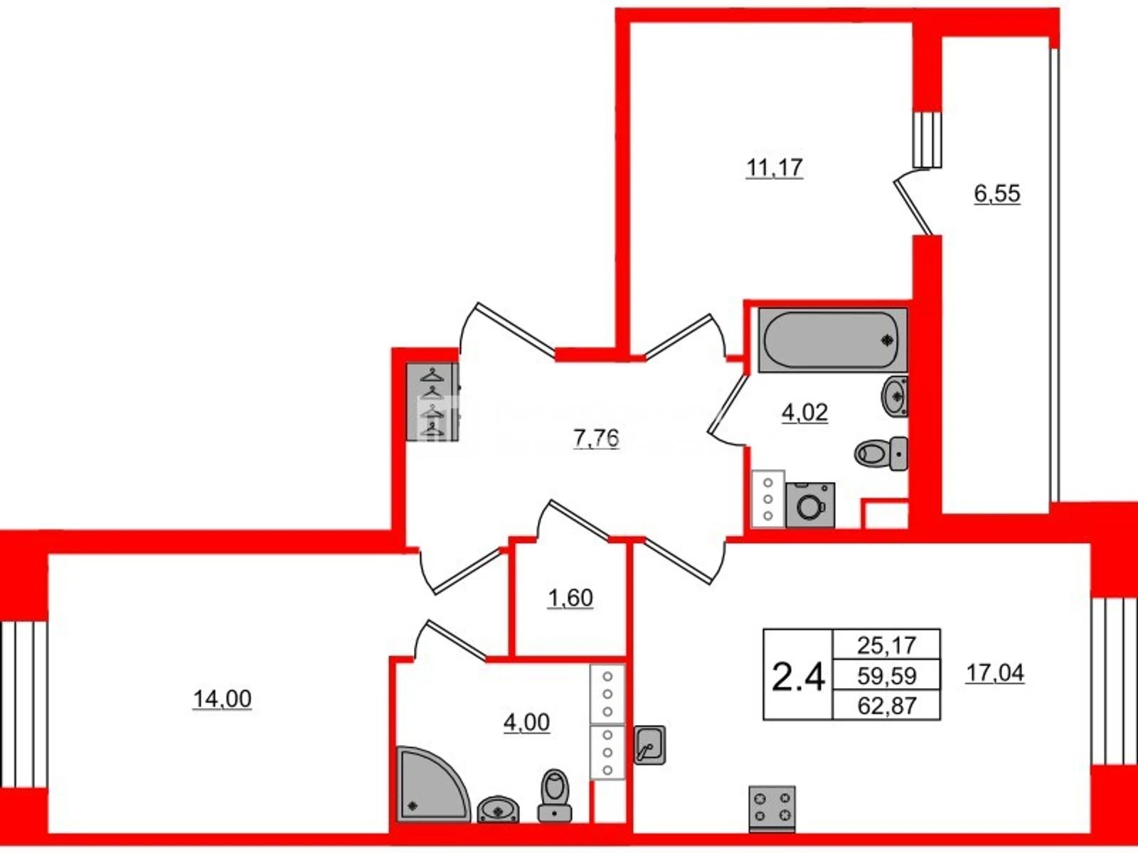 Планировка 3-комнатная 59,6 м² в жилом комплексе «Астра Континенталь» — Жилой комплекс «Астра Континенталь»