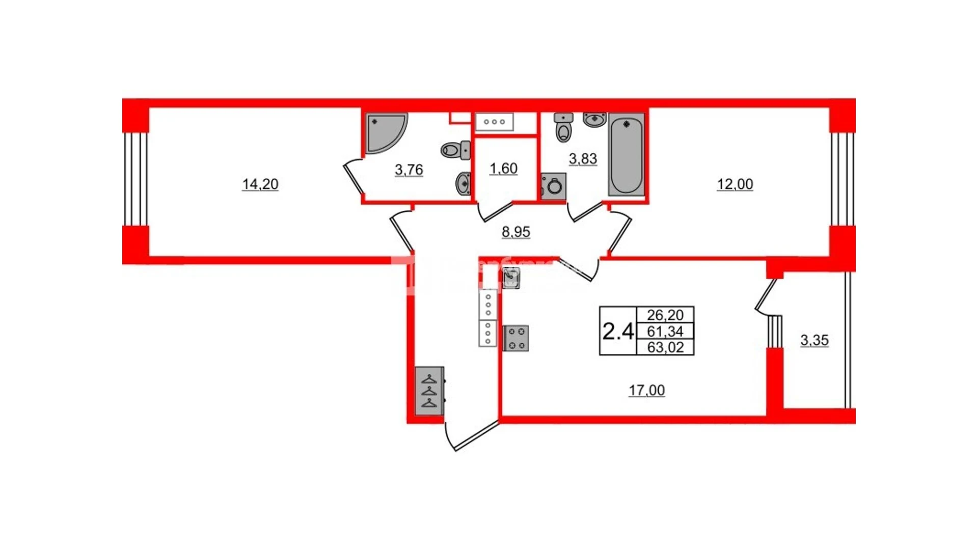 Планировка 3-комнатная 61,3 м² в жилом комплексе «Астра Континенталь» — Жилой комплекс «Астра Континенталь»