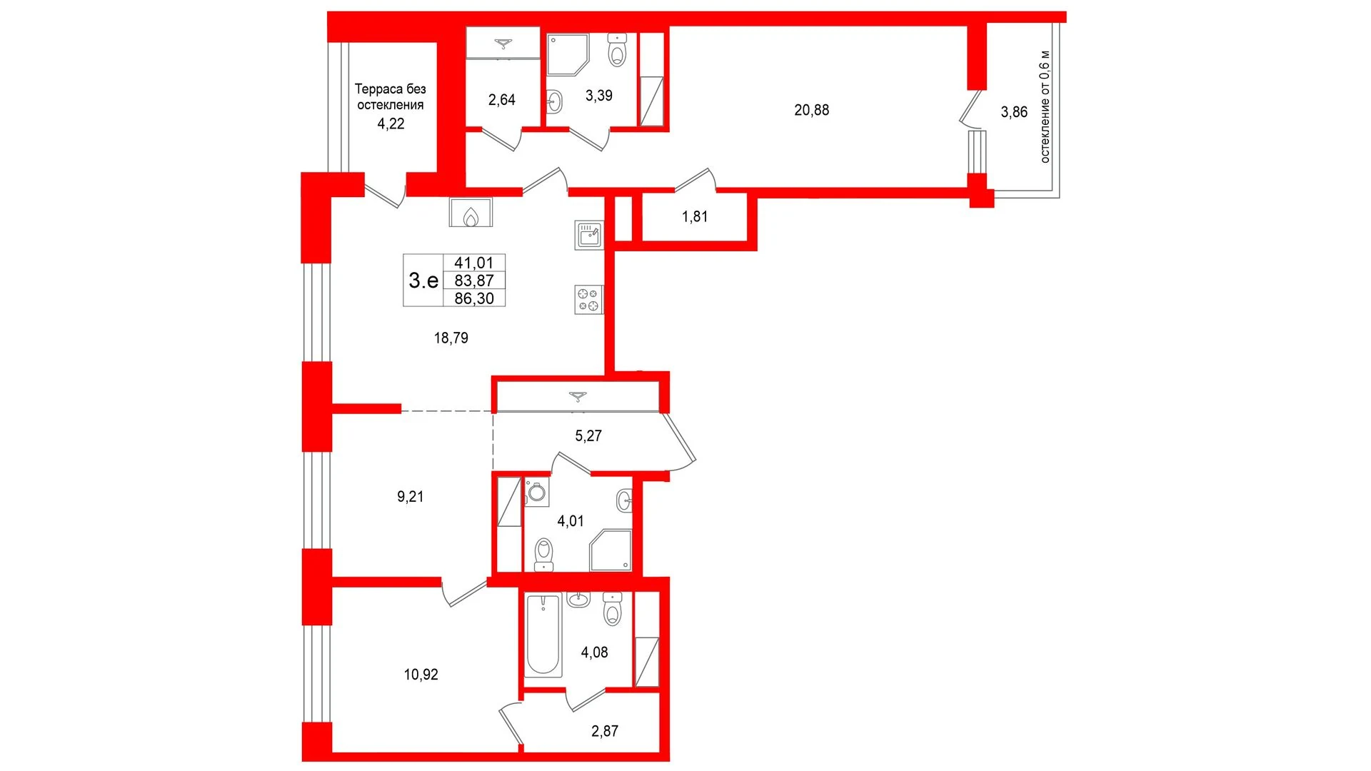 Планировка 4-комнатная 83,9 м² в жилом комплексе «Астра Континенталь» — Жилой комплекс «Астра Континенталь»