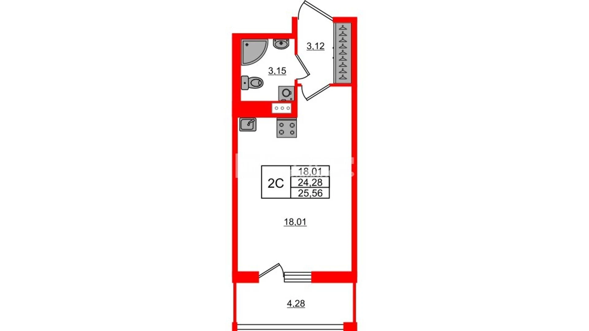 Планировка студия 24,3 м² в жилом комплексе «Астра Континенталь» — Жилой комплекс «Астра Континенталь»