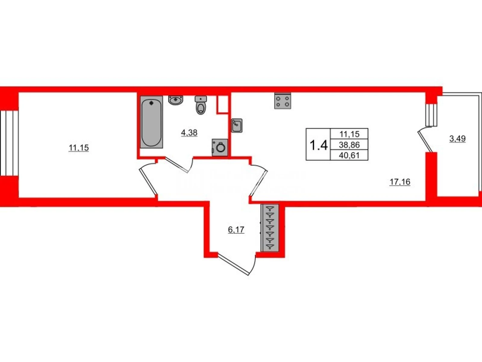 Планировка 2-комнатная 38,9 м² в жилом комплексе «Астра Континенталь» — Жилой комплекс «Астра Континенталь»