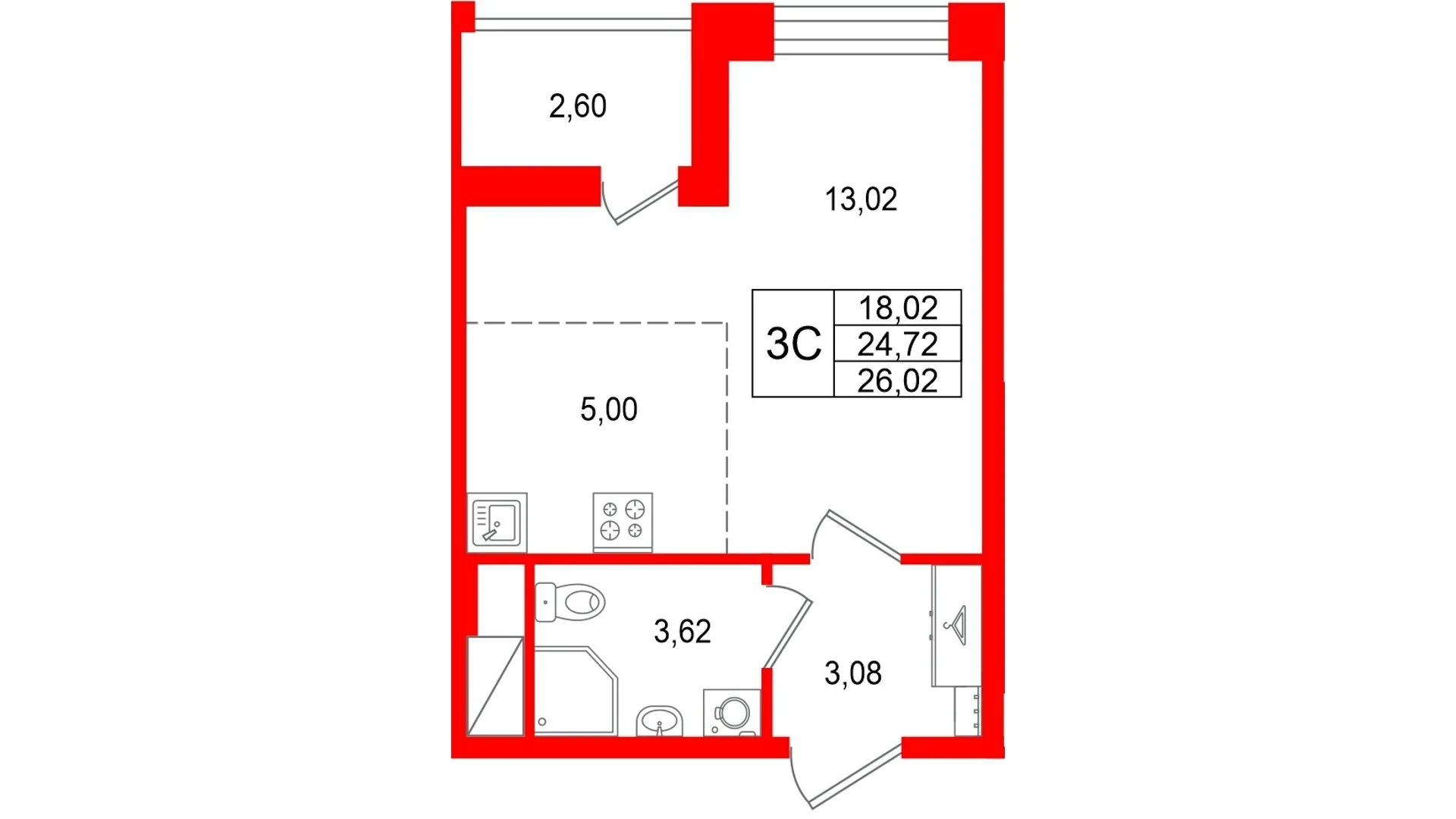 Планировка студия 24,7 м² в жилом комплексе «Астра Континенталь» — Жилой комплекс «Астра Континенталь»