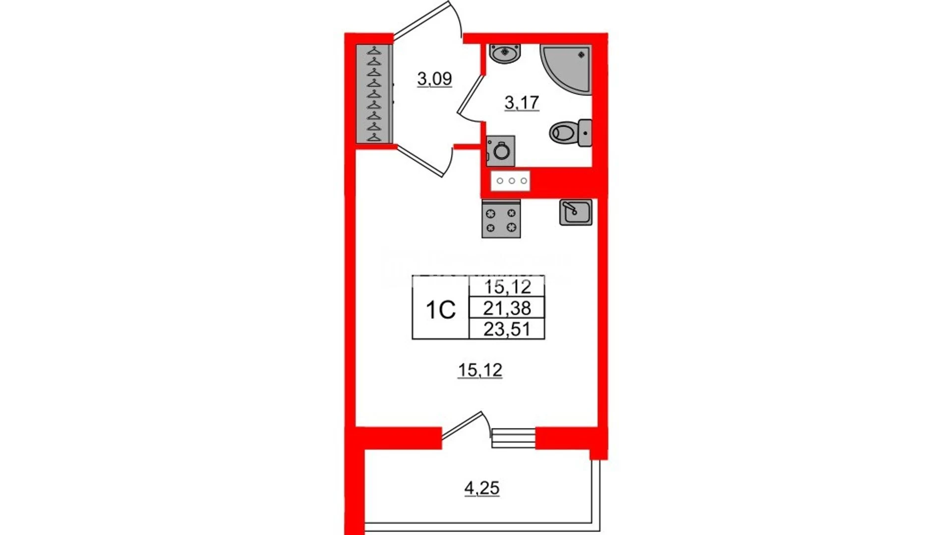 Планировка студия 21,4 м² в жилом комплексе «Астра Континенталь» — Жилой комплекс «Астра Континенталь»