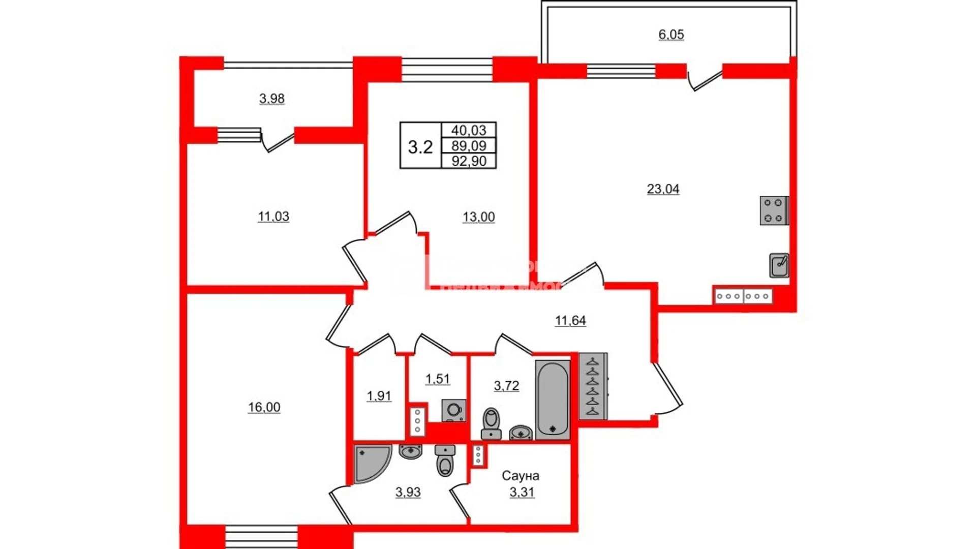 Планировка 4-комнатная 89,1 м² в жилом комплексе «Астра Континенталь» — Жилой комплекс «Астра Континенталь»