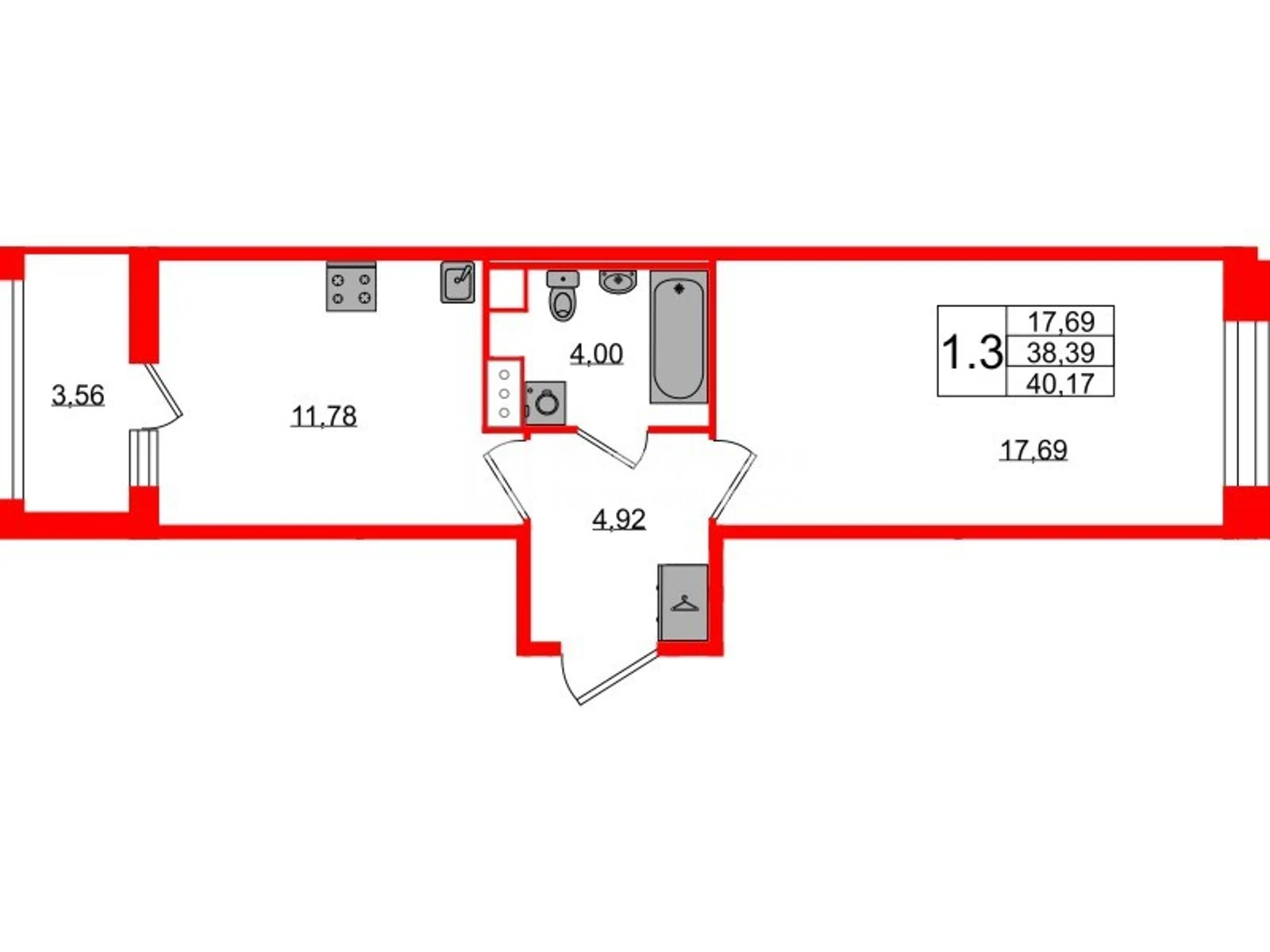 Планировка 1-комнатная 38,4 м² в жилом комплексе «Астра Континенталь» — Жилой комплекс «Астра Континенталь»