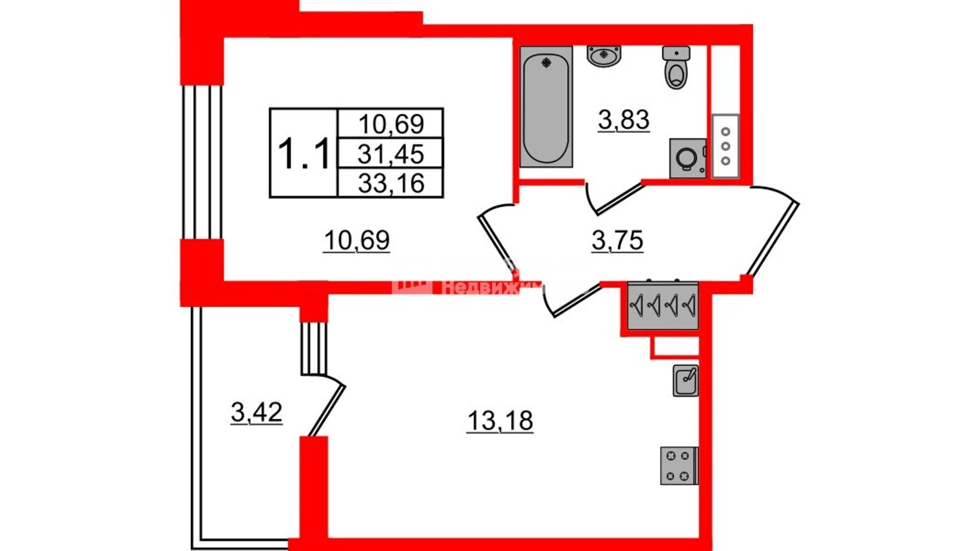 Планировка 2-комнатная 31,4 м² в жилом комплексе «Астра Континенталь» — Жилой комплекс «Астра Континенталь»