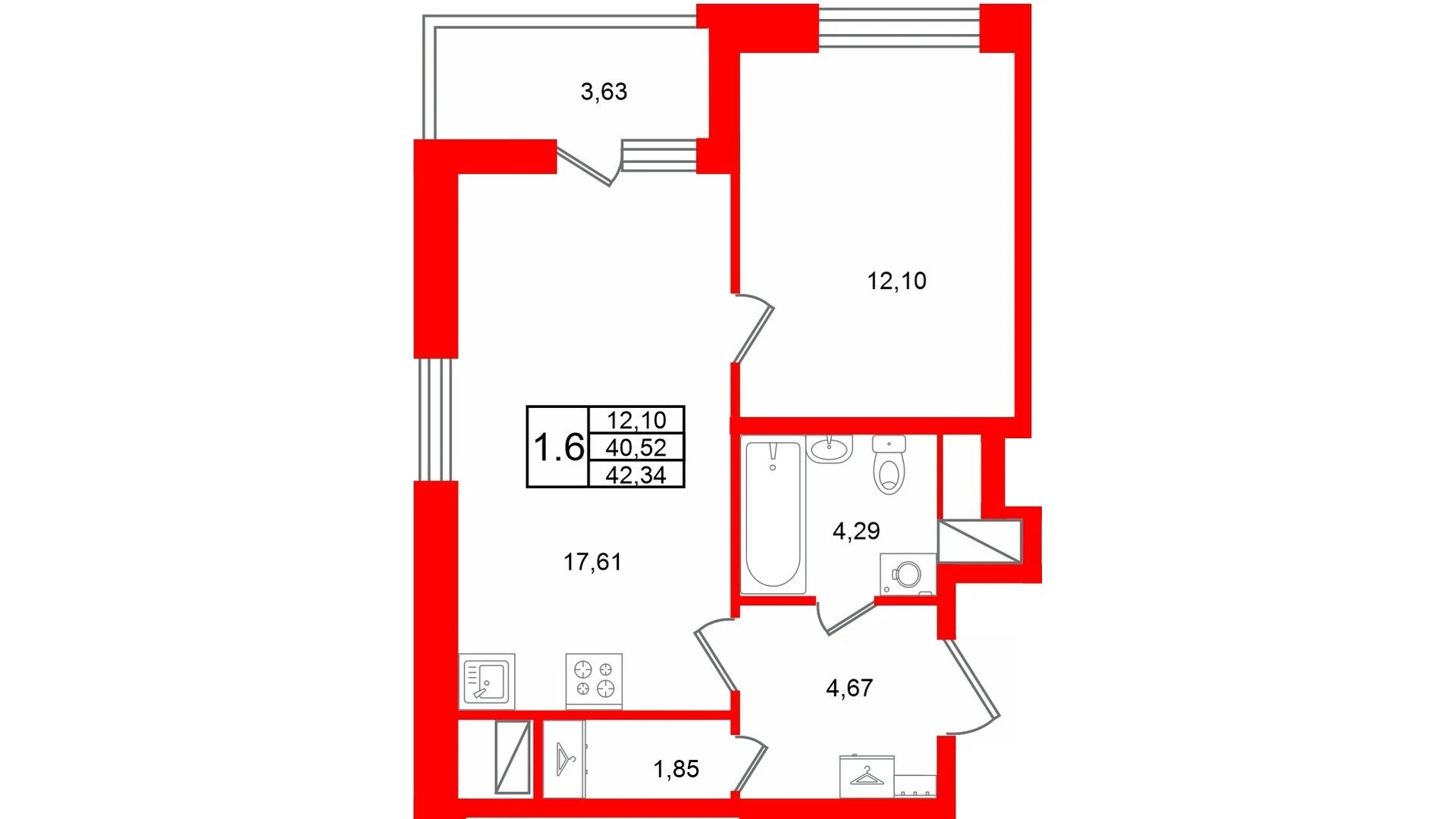 Планировка 2-комнатная 40,5 м² в жилом комплексе «Астра Континенталь» — Жилой комплекс «Астра Континенталь»
