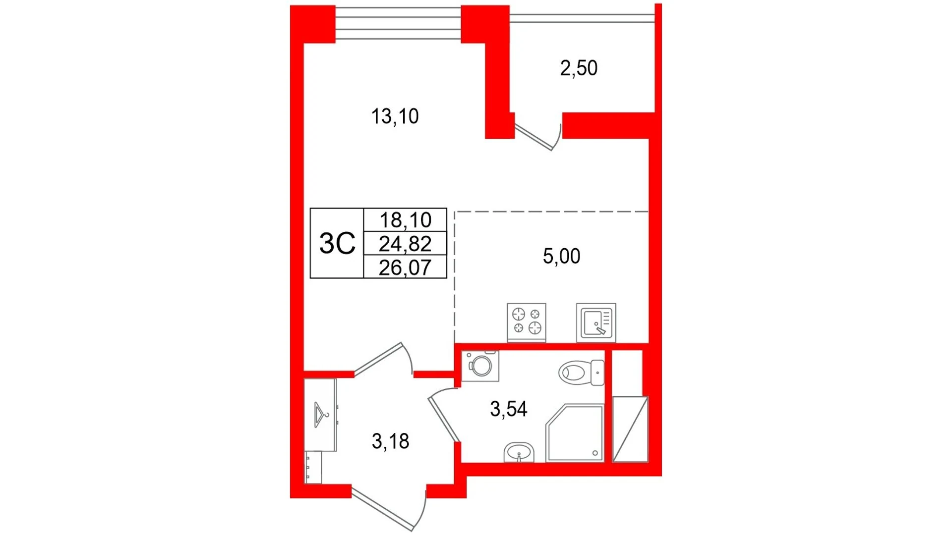 Планировка студия 24,8 м² в жилом комплексе «Астра Континенталь» — Жилой комплекс «Астра Континенталь»