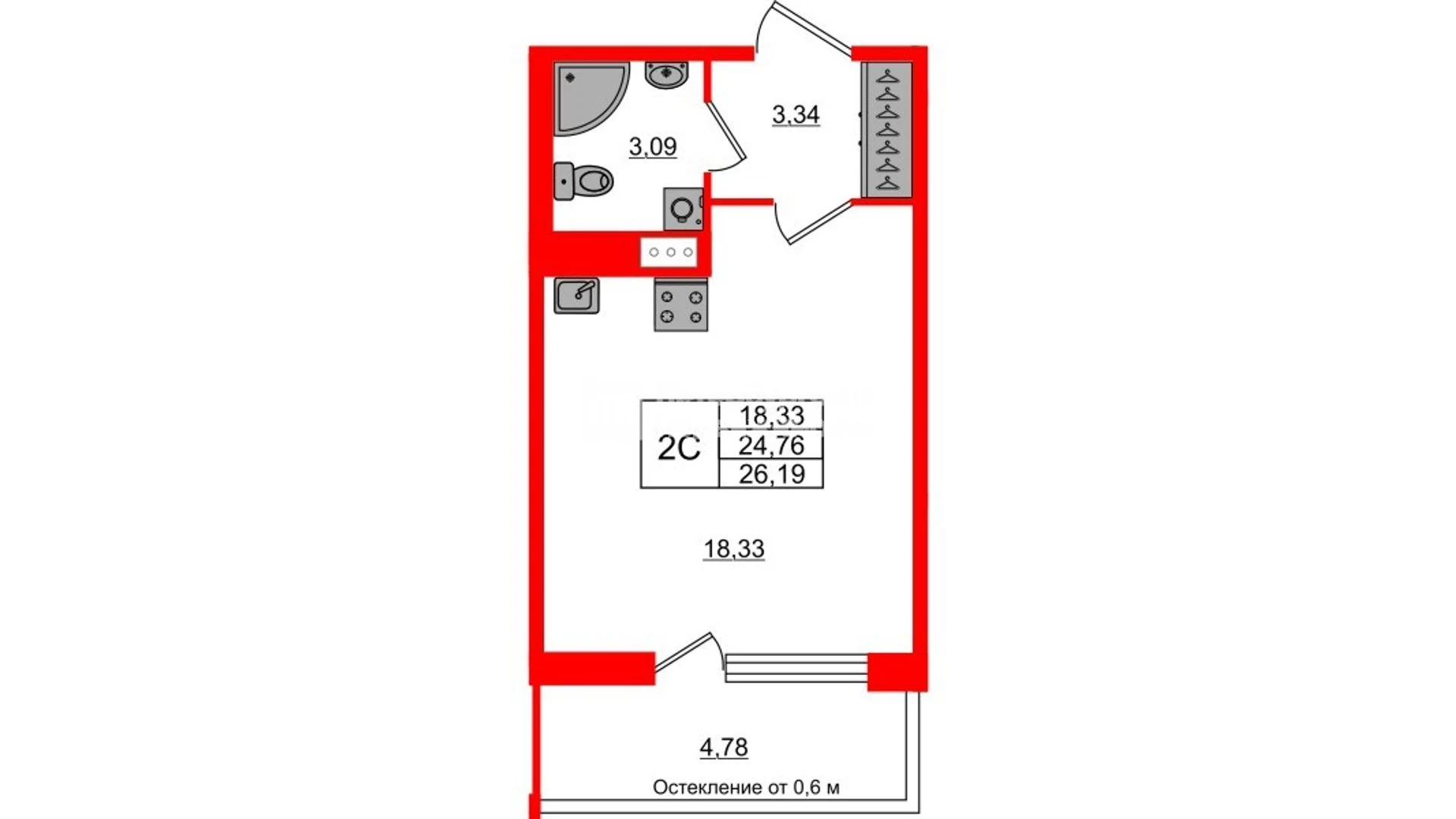 Планировка студия 24,8 м² в жилом комплексе «Астра Континенталь» — Жилой комплекс «Астра Континенталь»