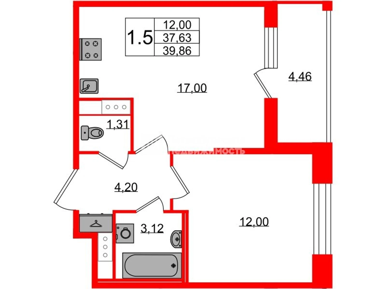 Планировка 2-комнатная 37,6 м² в жилом комплексе «Астра Континенталь» — Жилой комплекс «Астра Континенталь»