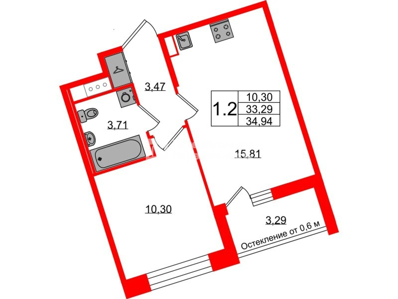 Планировка 2-комнатная 33,3 м² в жилом комплексе «Астра Континенталь» — Жилой комплекс «Астра Континенталь»