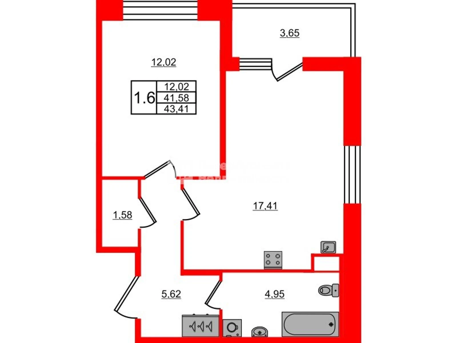 Планировка 2-комнатная 41,6 м² в жилом комплексе «Астра Континенталь» — Жилой комплекс «Астра Континенталь»