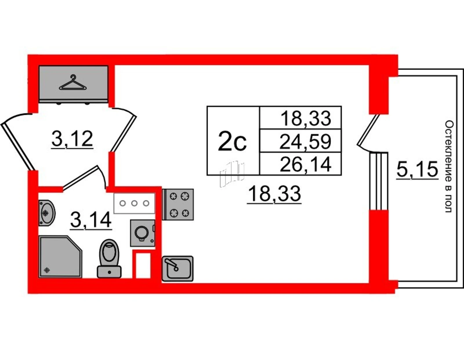 Планировка студия 24,6 м² в жилом комплексе «Астра Континенталь» — Жилой комплекс «Астра Континенталь»