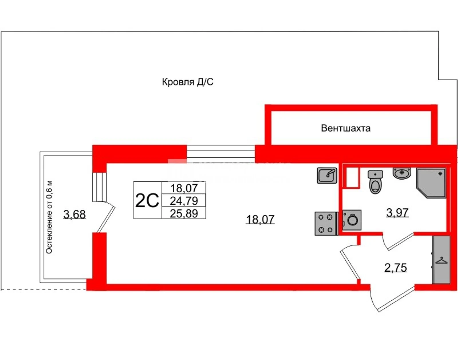Планировка студия 24,8 м² в жилом комплексе «Астра Континенталь» — Жилой комплекс «Астра Континенталь»