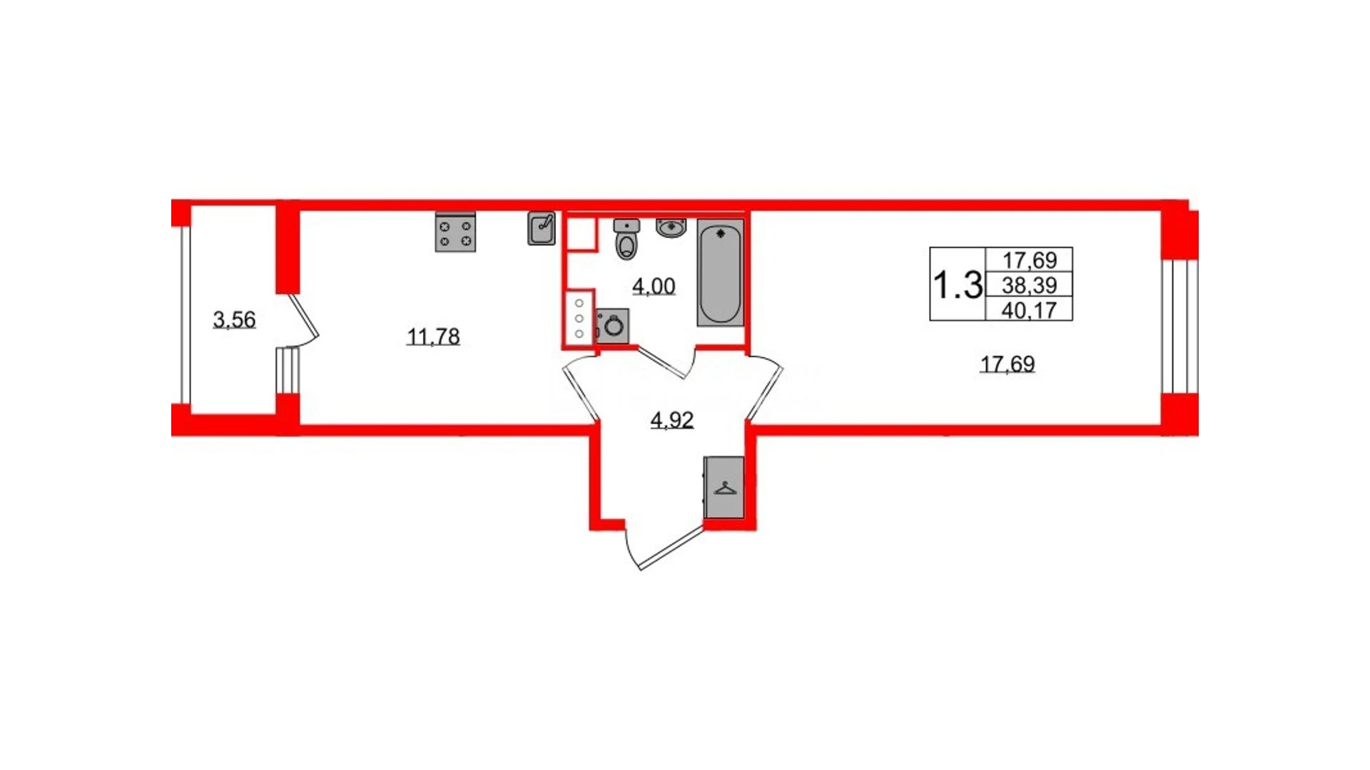 Планировка 1-комнатная 38,4 м² в жилом комплексе «Астра Континенталь» — Жилой комплекс «Астра Континенталь»