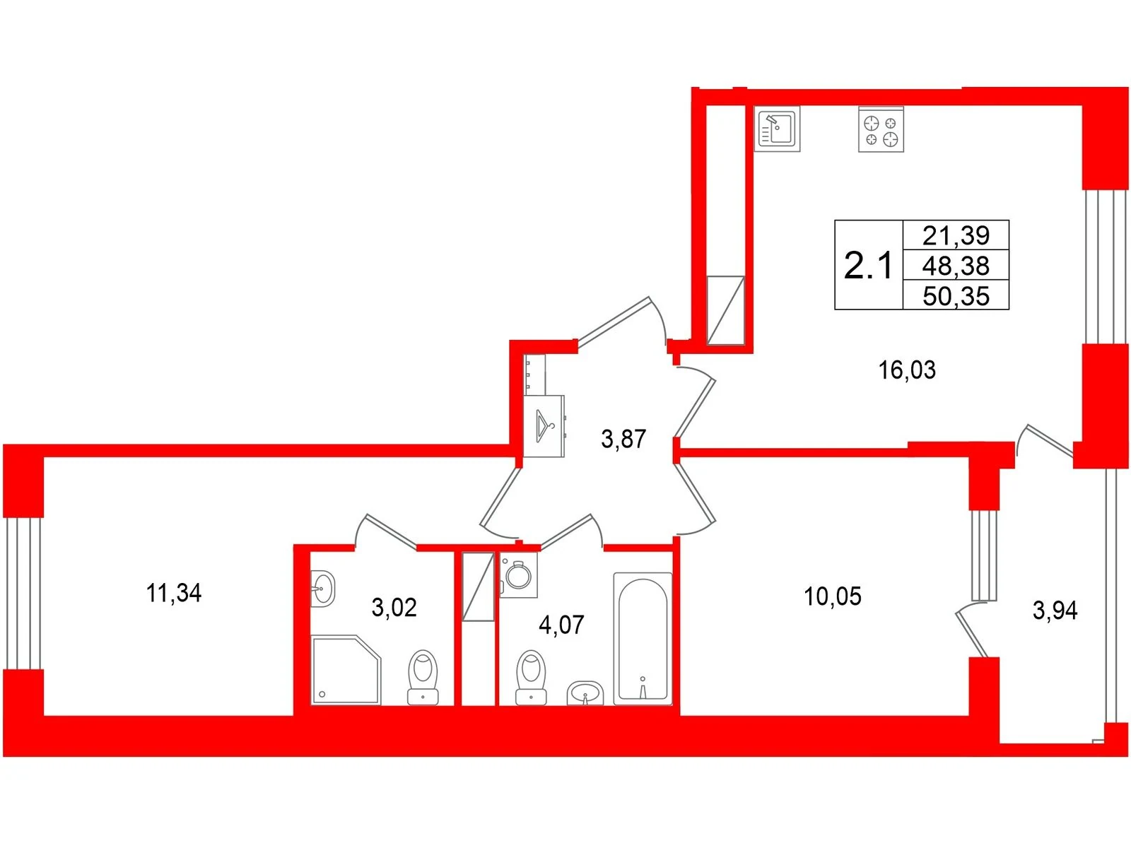 Планировка 3-комнатная 48,4 м² в жилом комплексе «Астра Континенталь» — Жилой комплекс «Астра Континенталь»