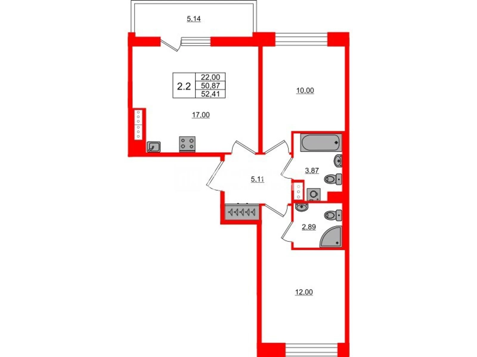 Планировка 3-комнатная 50,9 м² в жилом комплексе «Астра Континенталь» — Жилой комплекс «Астра Континенталь»
