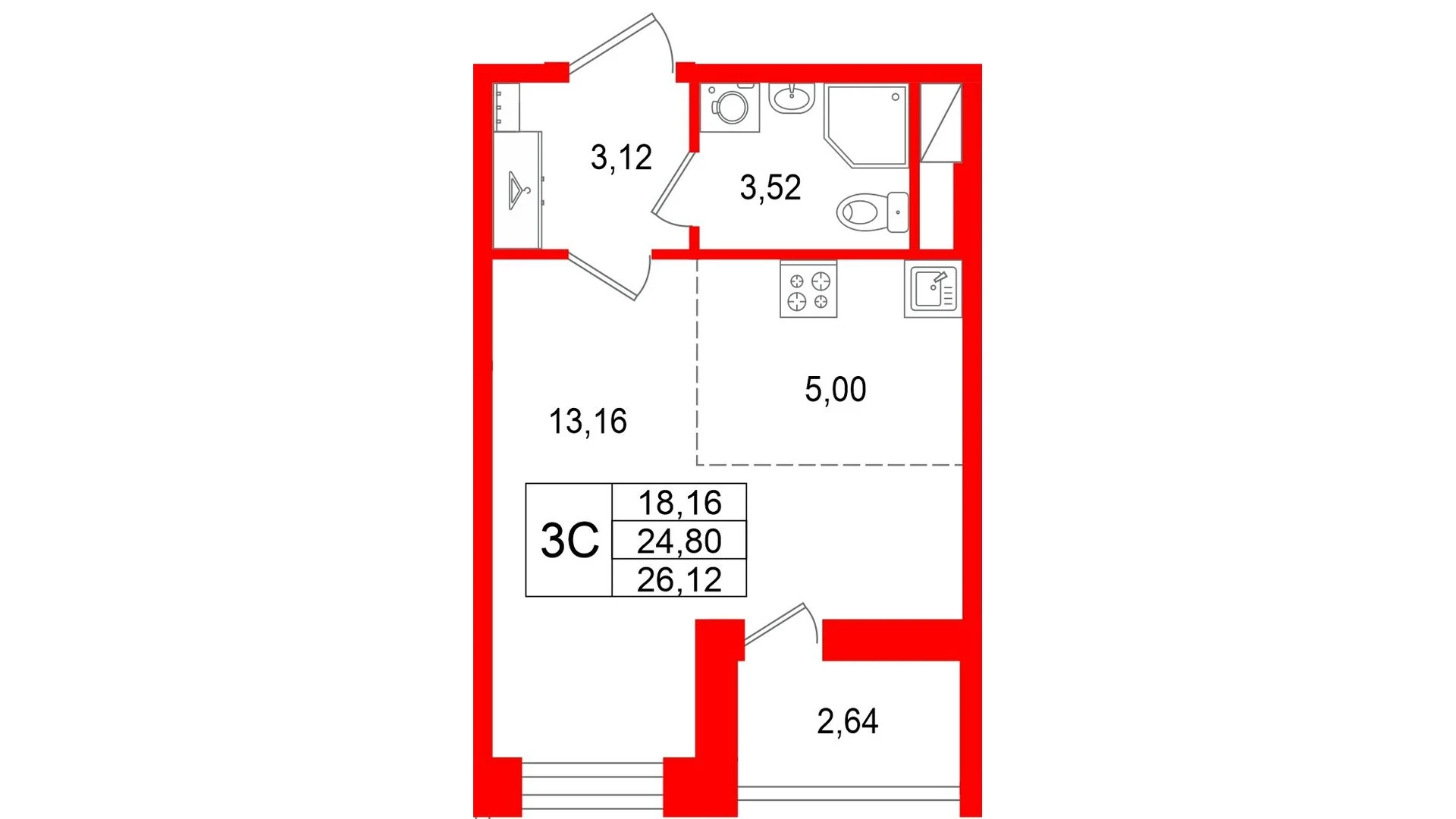 Планировка студия 24,8 м² в жилом комплексе «Астра Континенталь» — Жилой комплекс «Астра Континенталь»