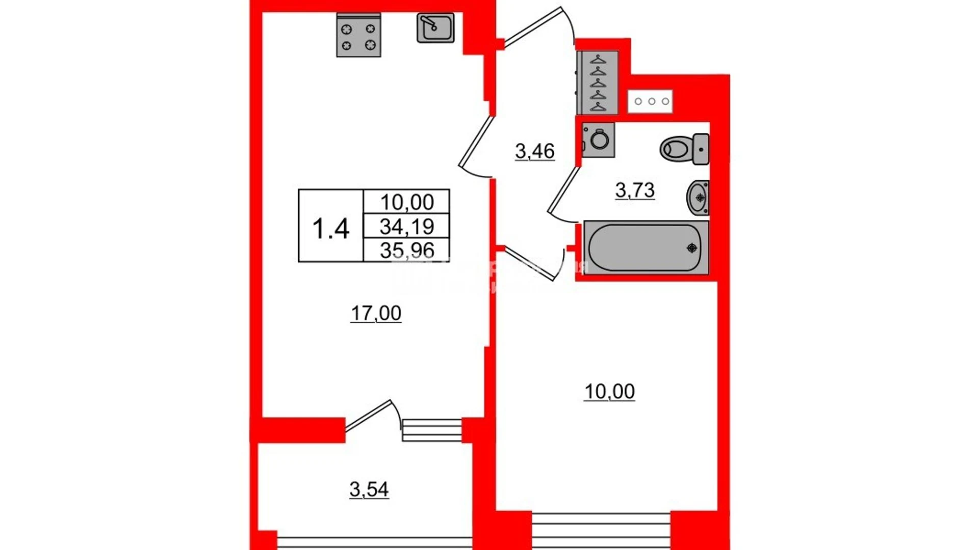 Планировка 2-комнатная 34,2 м² в жилом комплексе «Астра Континенталь» — Жилой комплекс «Астра Континенталь»