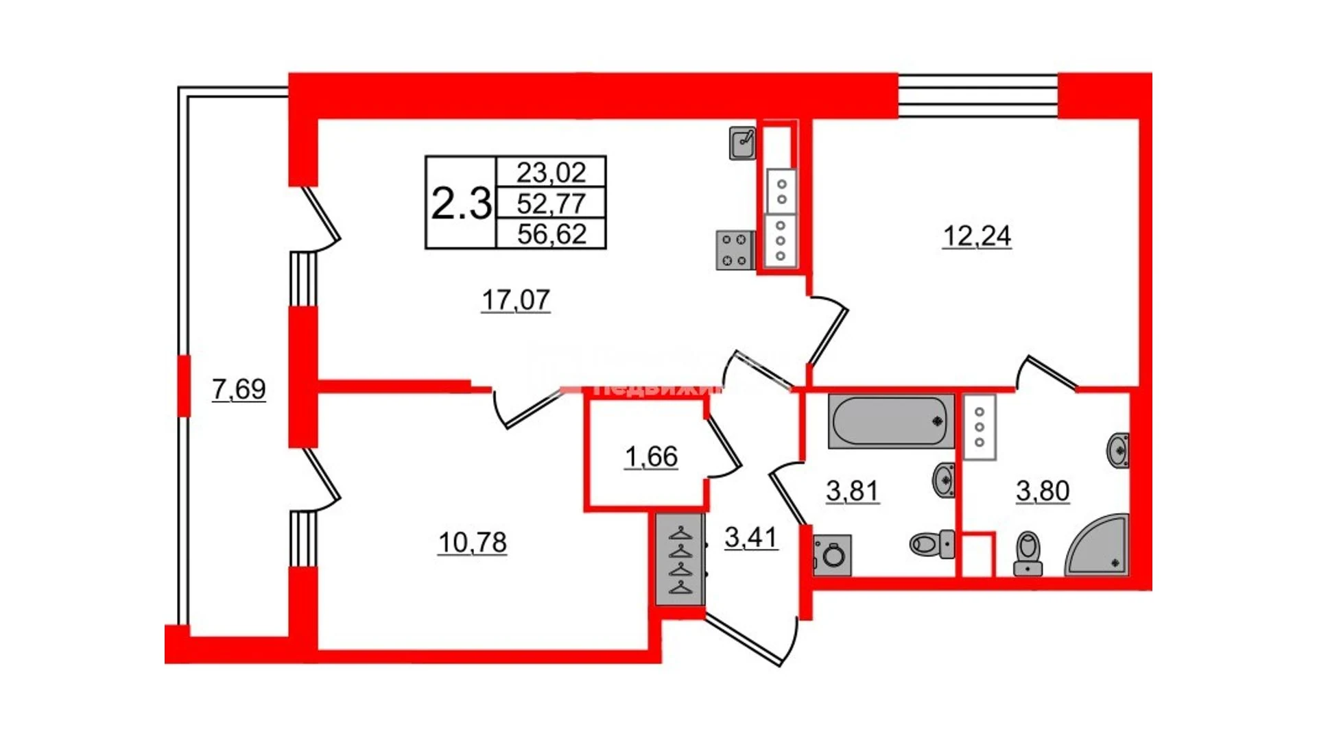Планировка 3-комнатная 52,8 м² в жилом комплексе «Астра Континенталь» — Жилой комплекс «Астра Континенталь»