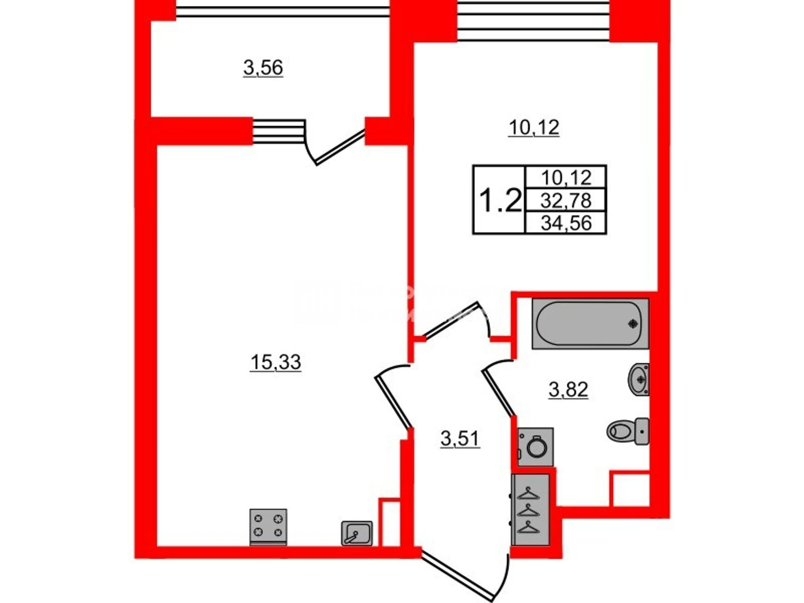 Планировка 2-комнатная 32,8 м² в жилом комплексе «Астра Континенталь» — Жилой комплекс «Астра Континенталь»