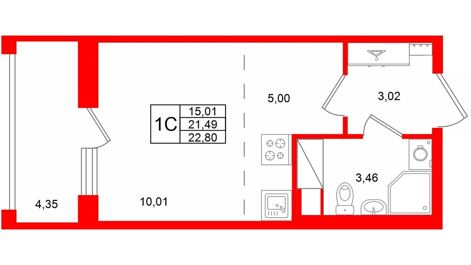 Планировка студия 21,5 м² в жилом комплексе «Астра Континенталь» — Жилой комплекс «Астра Континенталь»