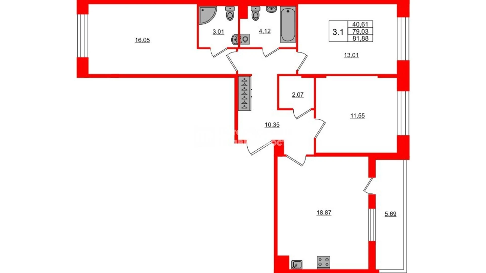 Планировка 4-комнатная 79 м² в жилом комплексе «Астра Континенталь» — Жилой комплекс «Астра Континенталь»
