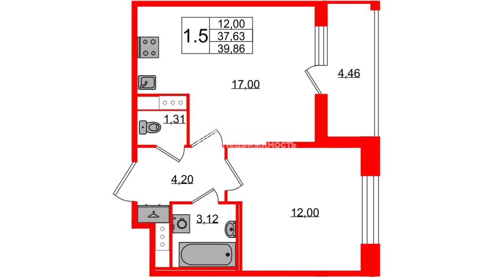Планировка 2-комнатная 37,6 м² в жилом комплексе «Астра Континенталь» — Жилой комплекс «Астра Континенталь»