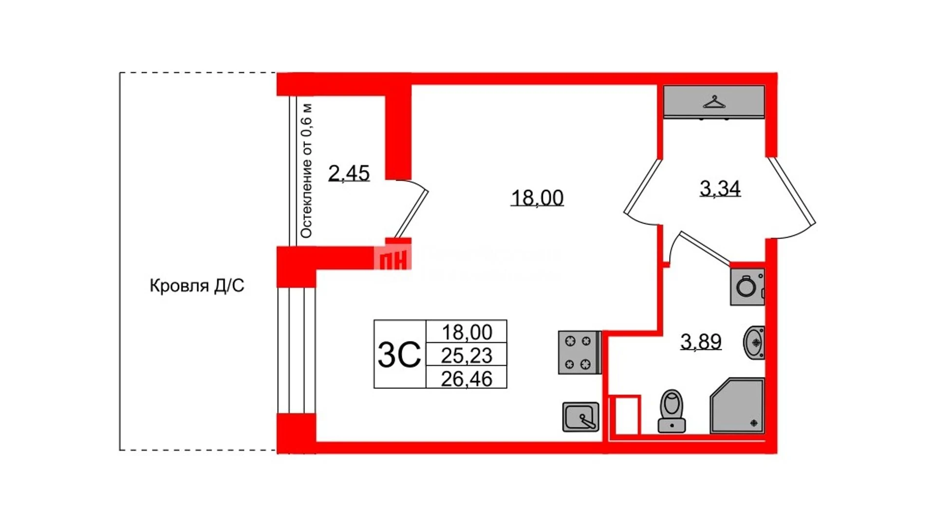 Планировка студия 25,2 м² в жилом комплексе «Астра Континенталь» — Жилой комплекс «Астра Континенталь»