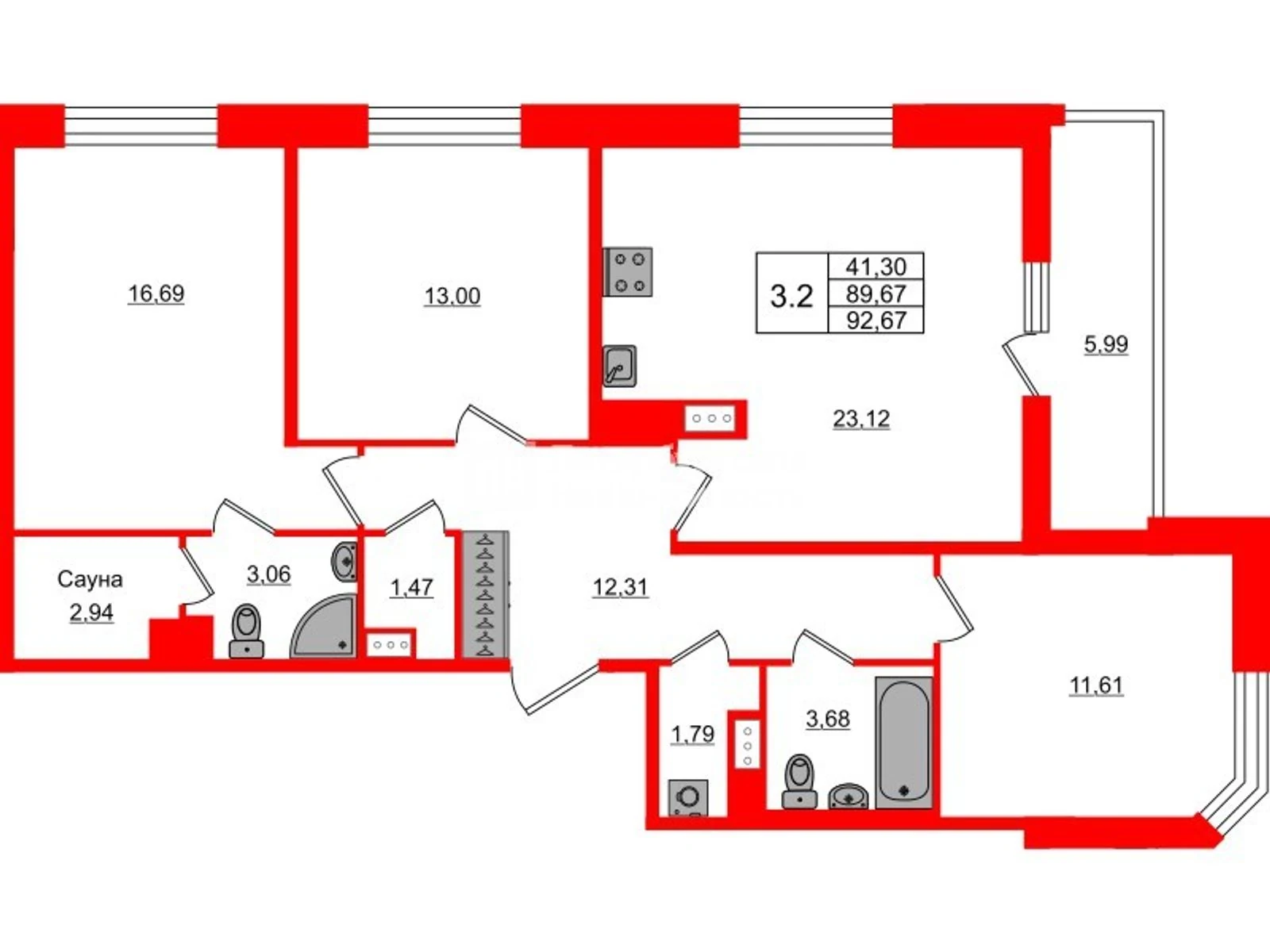 Планировка 4-комнатная 89,7 м² в жилом комплексе «Астра Континенталь» — Жилой комплекс «Астра Континенталь»