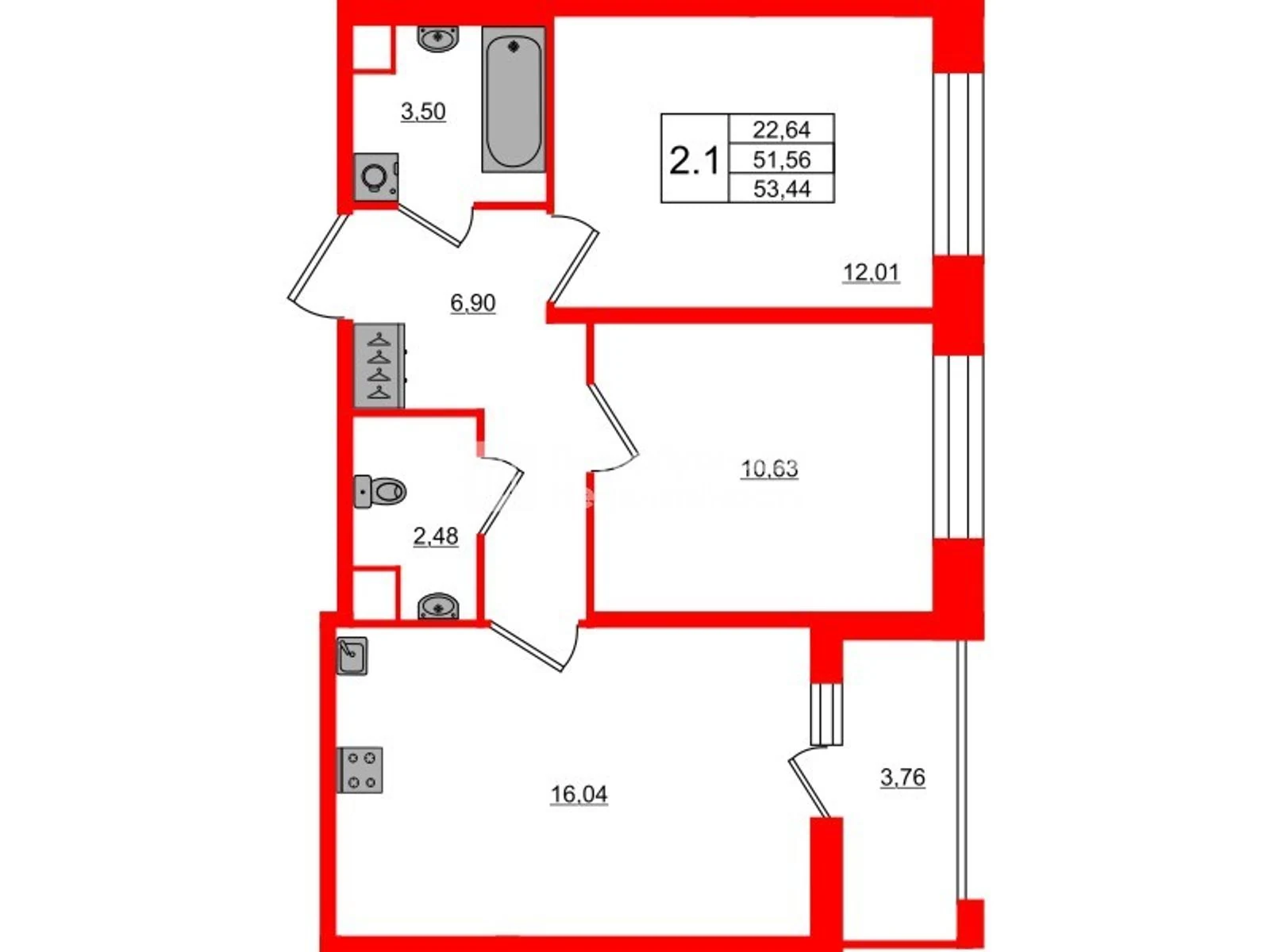Планировка 3-комнатная 51,6 м² в жилом комплексе «Астра Континенталь» — Жилой комплекс «Астра Континенталь»