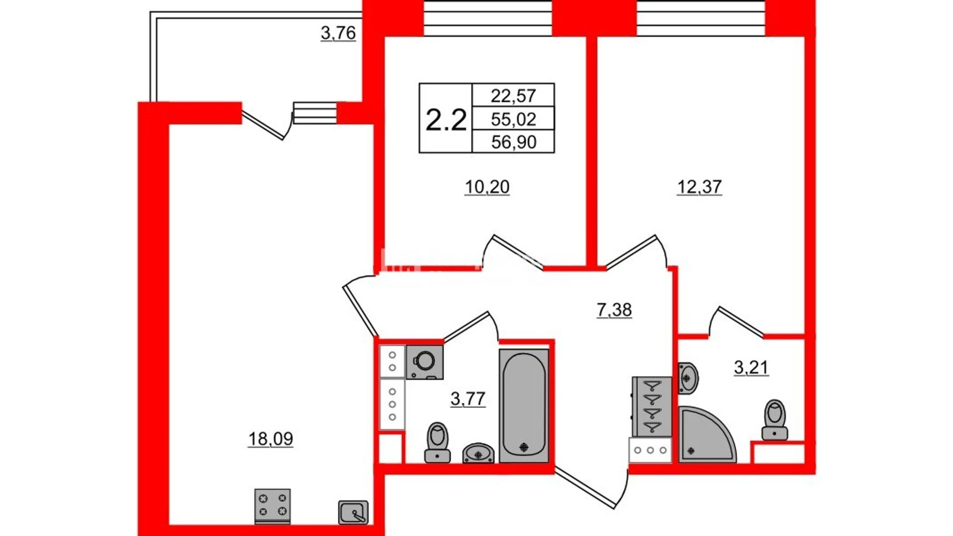 Планировка 3-комнатная 55 м² в жилом комплексе «Астра Континенталь» — Жилой комплекс «Астра Континенталь»