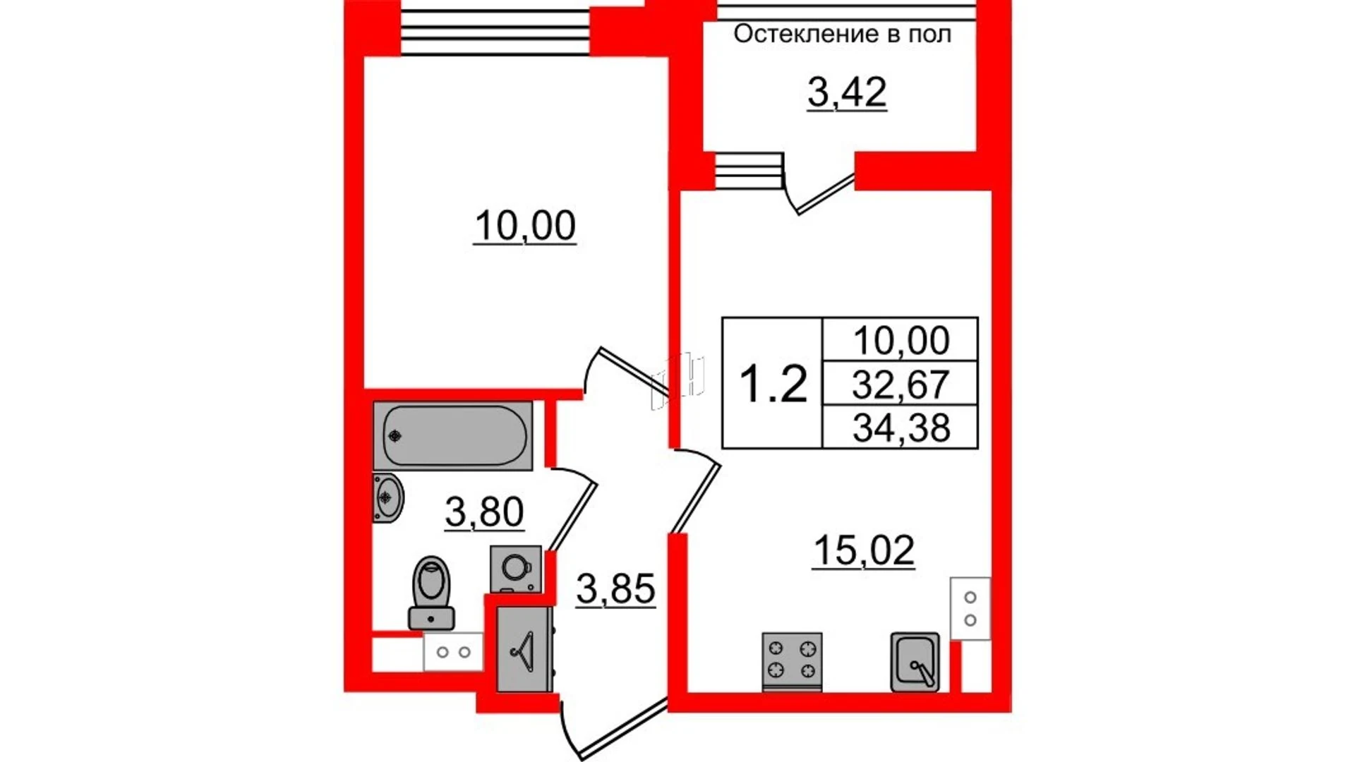 Планировка 2-комнатная 32,7 м² в жилом комплексе «Астра Континенталь» — Жилой комплекс «Астра Континенталь»
