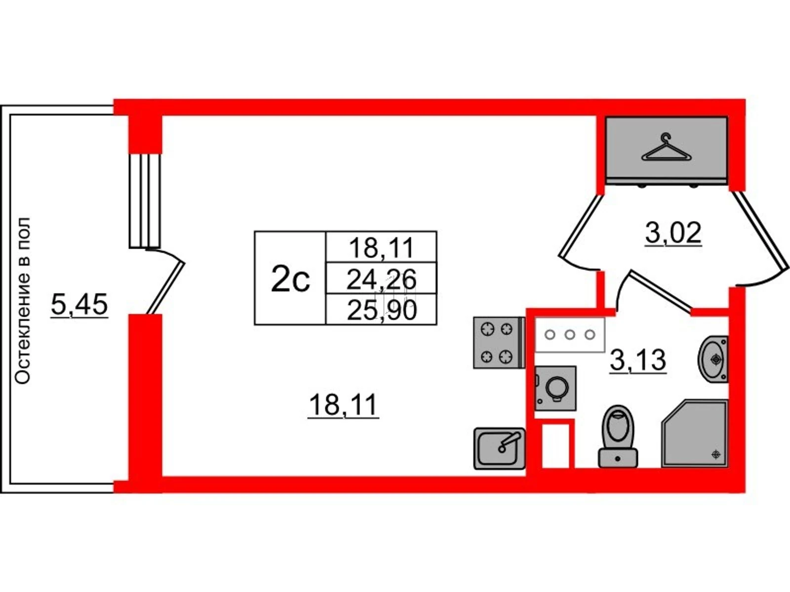 Планировка студия 24,3 м² в жилом комплексе «Астра Континенталь» — Жилой комплекс «Астра Континенталь»