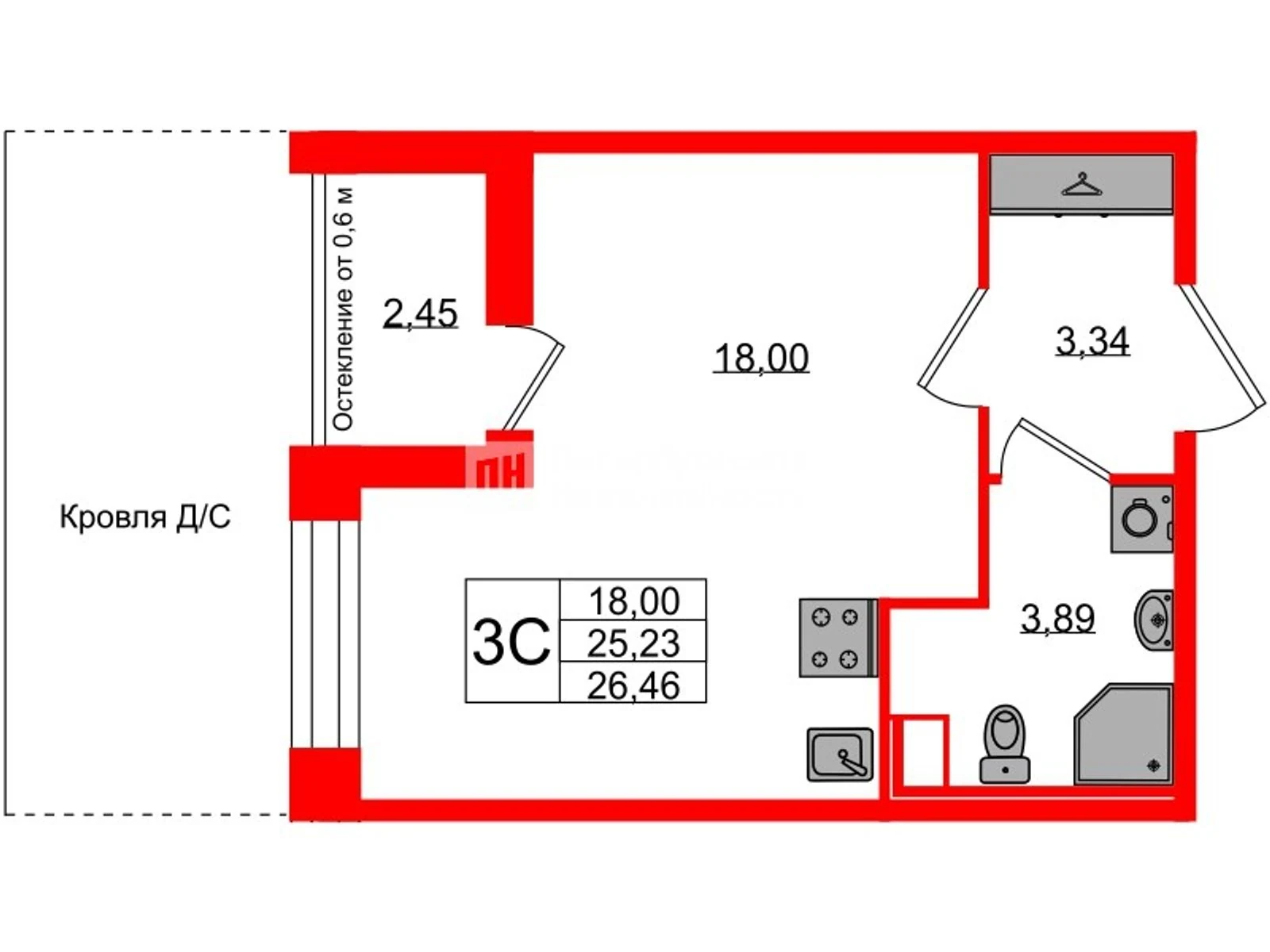Планировка студия 25,2 м² в жилом комплексе «Астра Континенталь» — Жилой комплекс «Астра Континенталь»