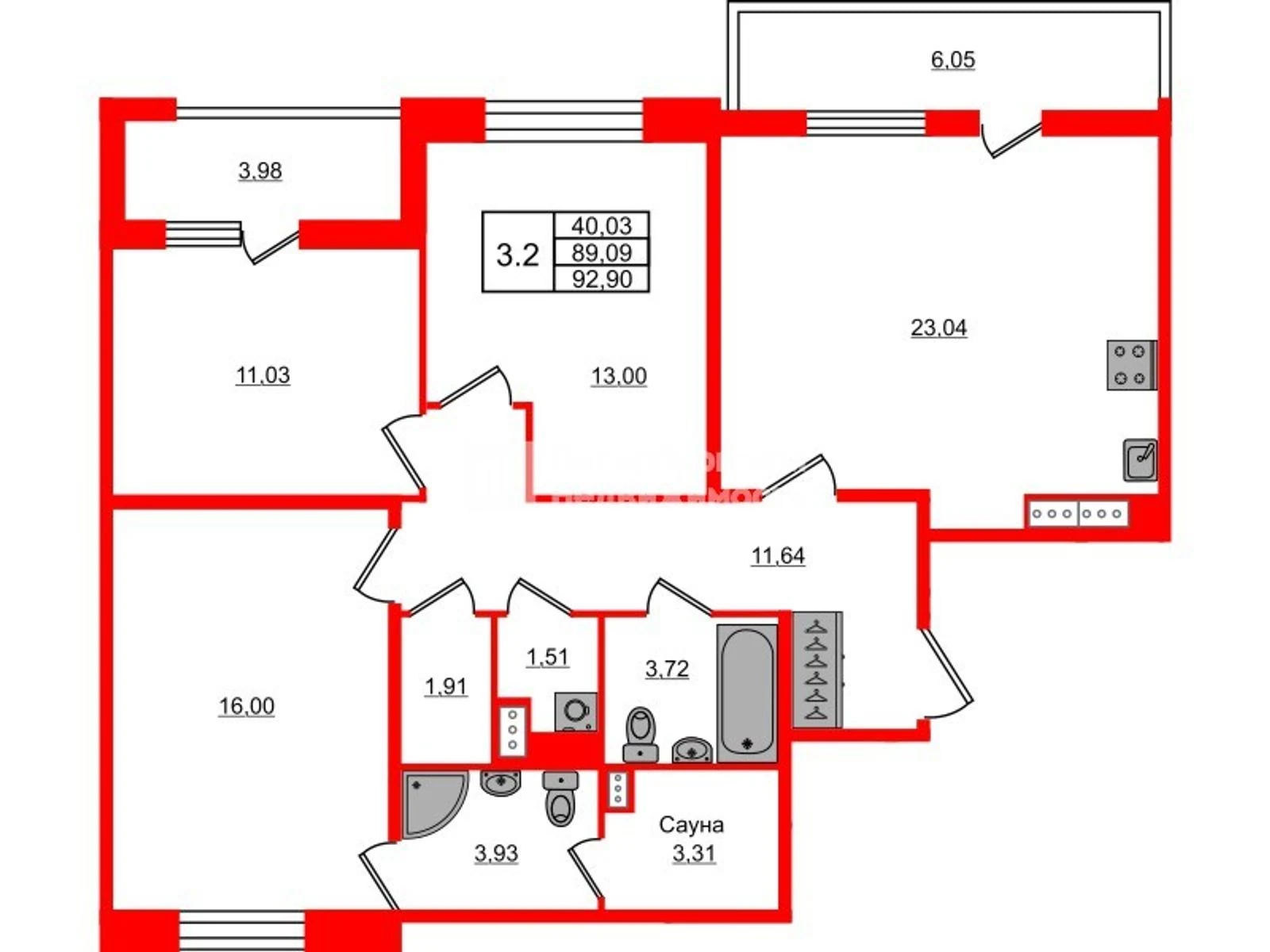 Планировка 4-комнатная 89,1 м² в жилом комплексе «Астра Континенталь» — Жилой комплекс «Астра Континенталь»