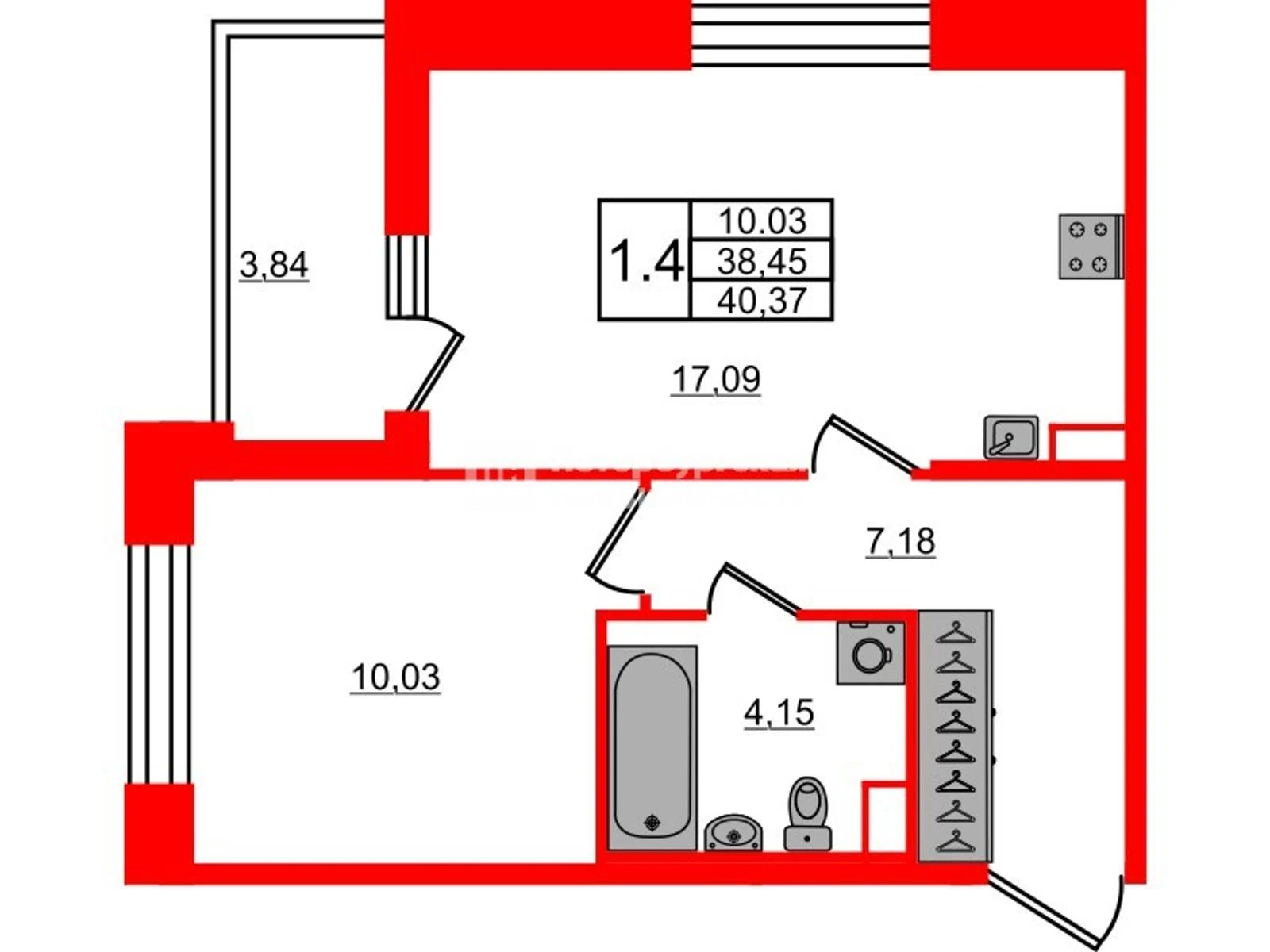 Планировка 2-комнатная 38,5 м² в жилом комплексе «Астра Континенталь» — Жилой комплекс «Астра Континенталь»