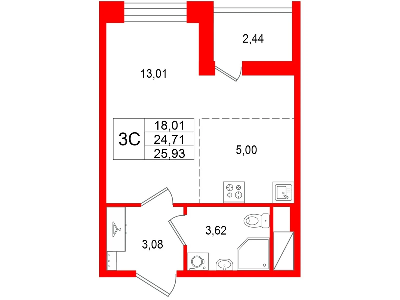 Планировка студия 24,7 м² в жилом комплексе «Астра Континенталь» — Жилой комплекс «Астра Континенталь»