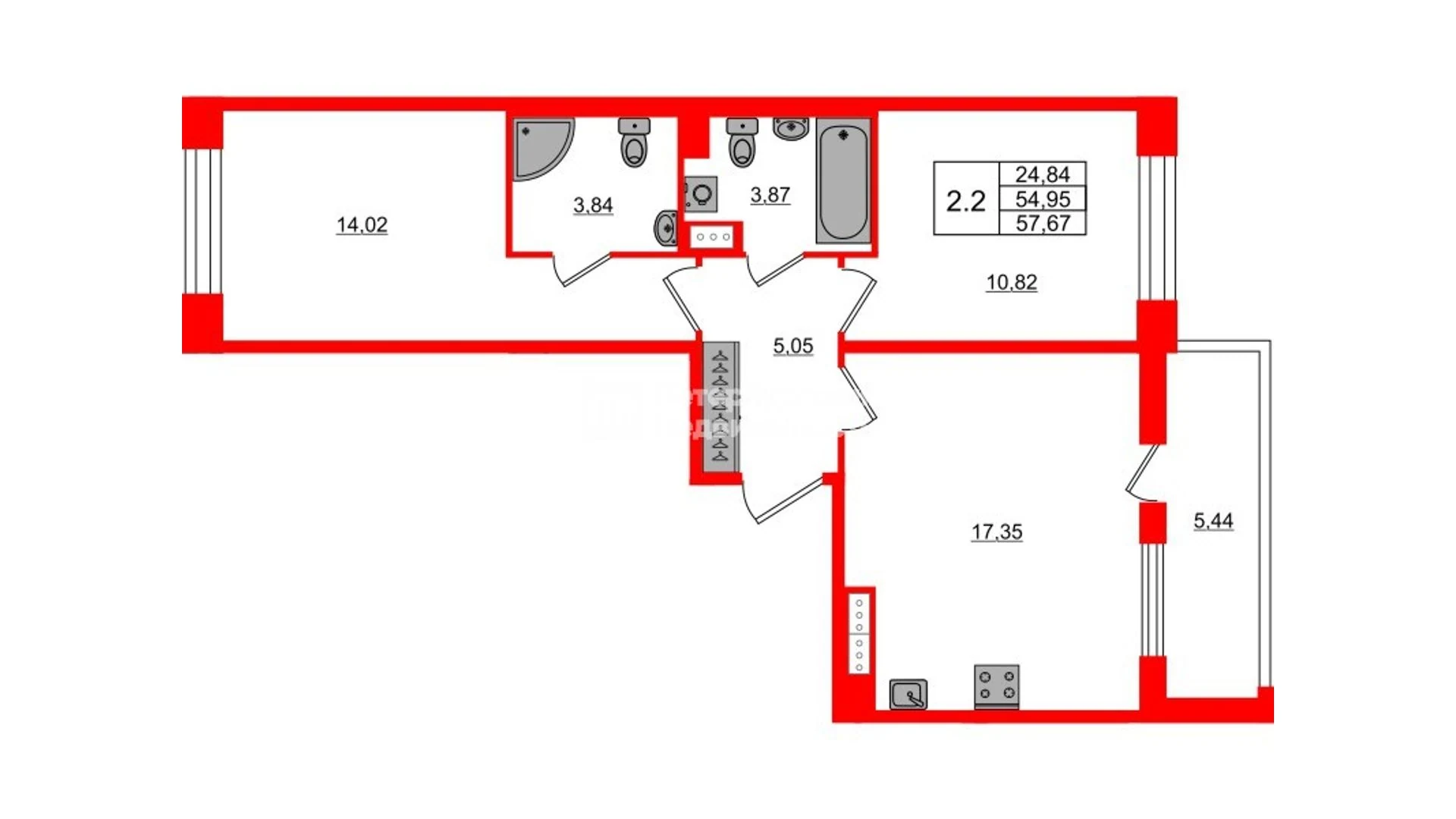 Планировка 3-комнатная 55 м² в жилом комплексе «Астра Континенталь» — Жилой комплекс «Астра Континенталь»